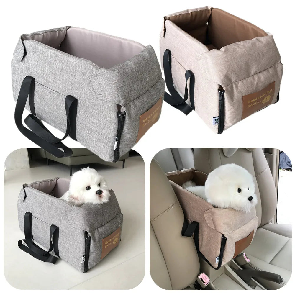 Central car seat for dogs, secure portable travel bed 