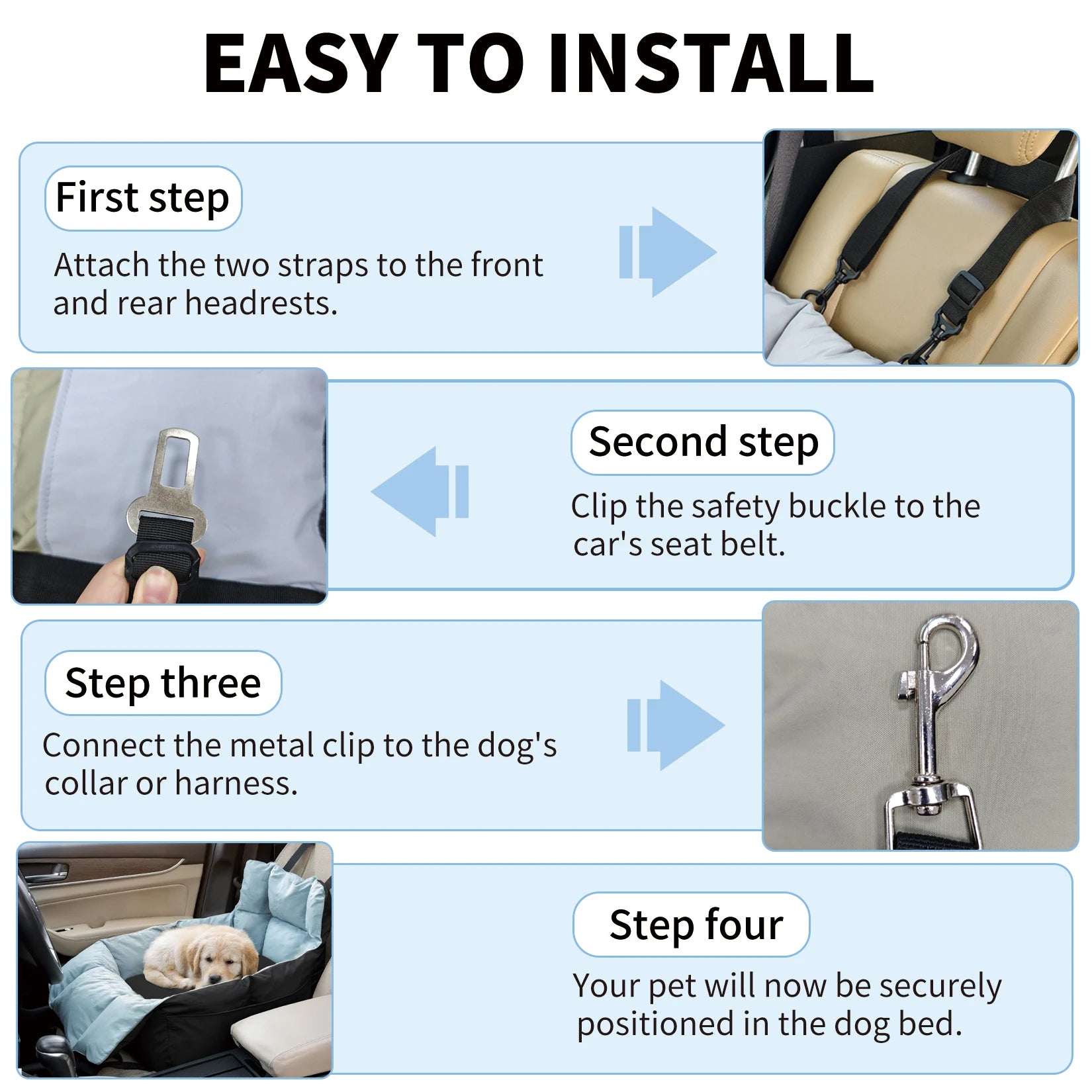 Secure car seat for dogs ≤10 kg with travel bag 