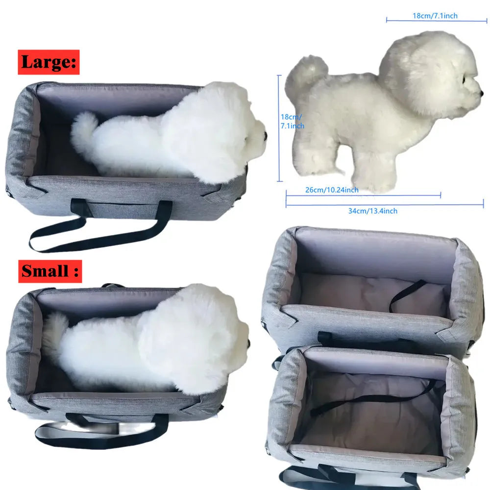 Central car seat for dogs, secure portable travel bed 
