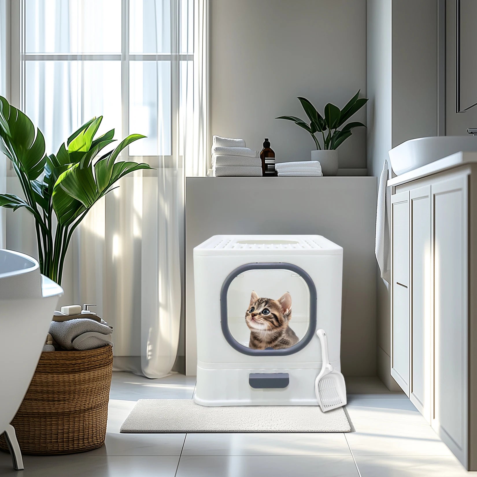 Katzentoilette XL mit hoher geschlossener Eingangsöffnung, spritzwassergeschützt