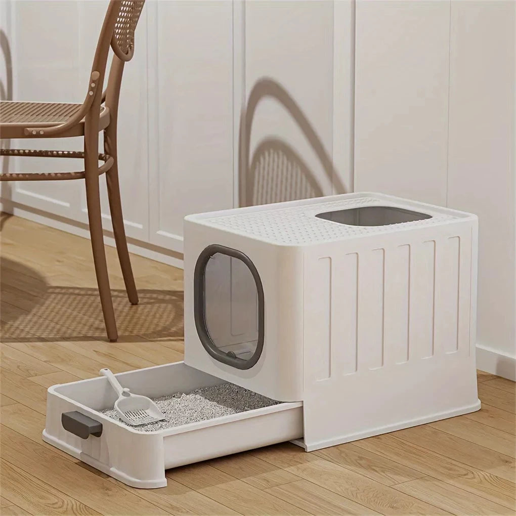 Closed, waterproof cat litter tray with drawer